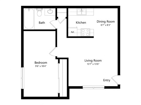 Floor plan for 1 bed, 1 bath, 702 sqft
